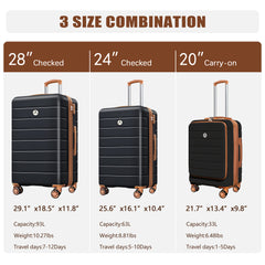 Classic 3 Set Luggage,Expandable 20" Carry-On with Front Pocket, TSA Lock, Spinner Wheels (20/24/28 inch)