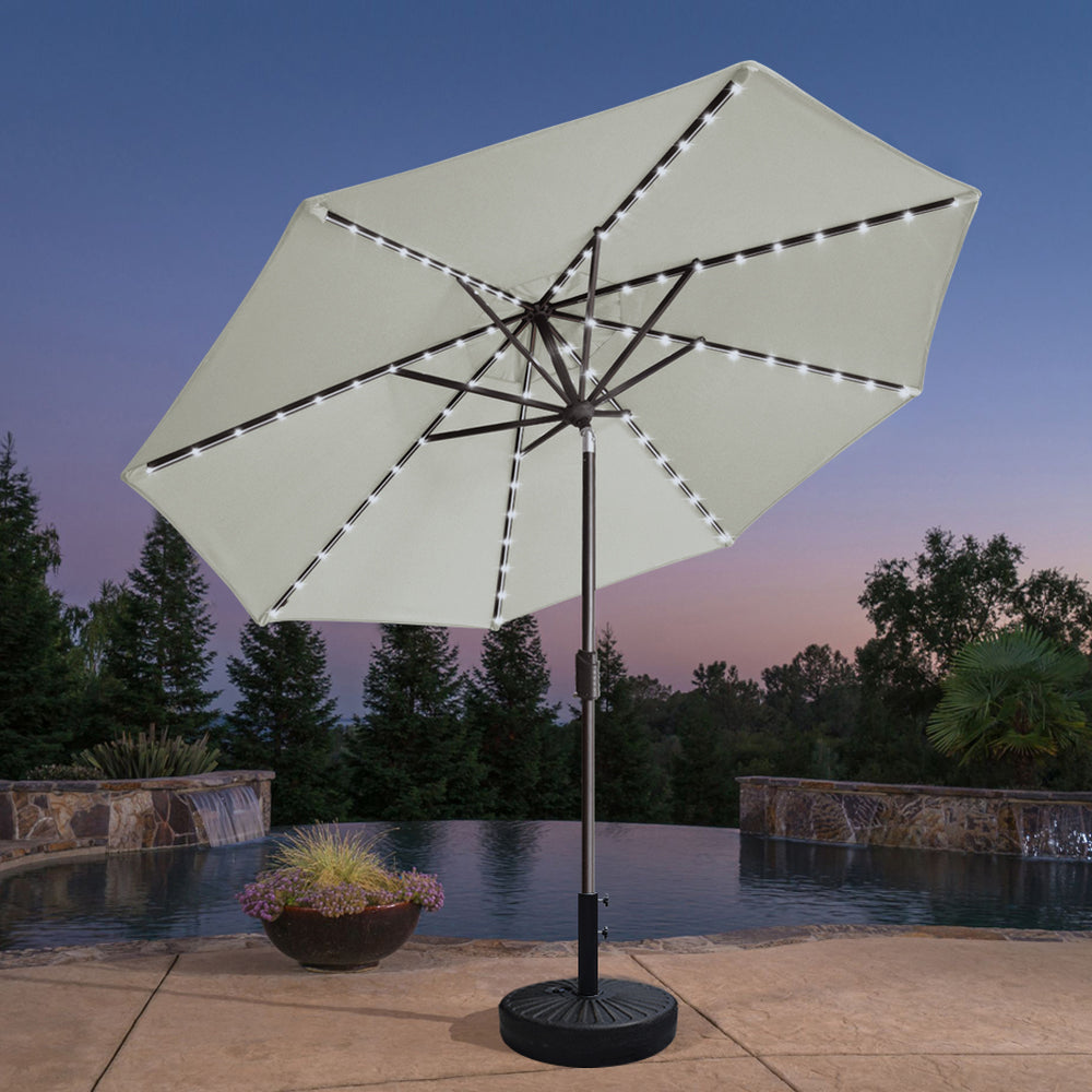 led patio umbrella EliteShade 9ft Three-Tier Solar Market Eurmax Counterweight base not included. Sunvilla 10' Round Solar LED