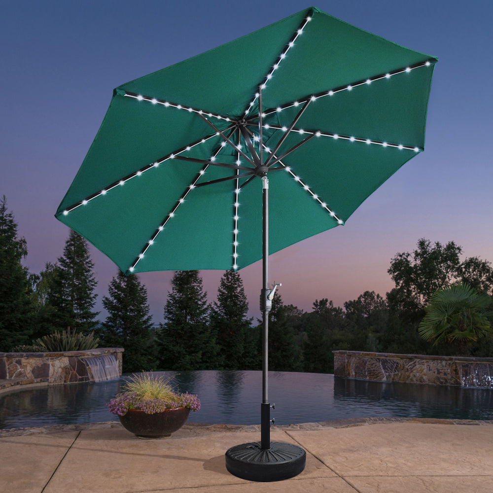 green lighted patio umbrella EliteShade 9ft Three-Tier Solar LED Market Eurmax has six steel ribs with solar powered LED lights Funsite Patio Umbrella with Solar