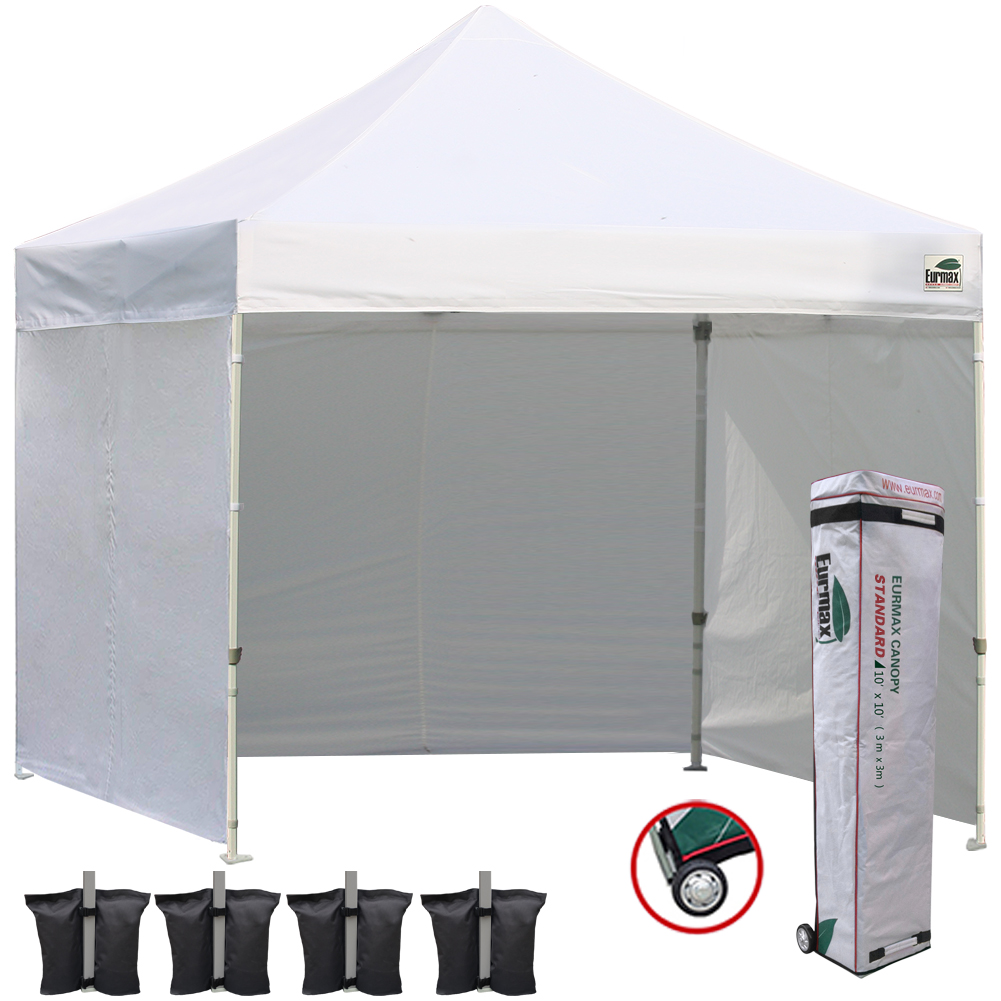 Bonus 4 SandBags Eurmax 10x10 Ez Pop-up Canopy Tent Commercial Instant Canopies with 4 Removable Zipper End Side Walls and Roller Bag Black