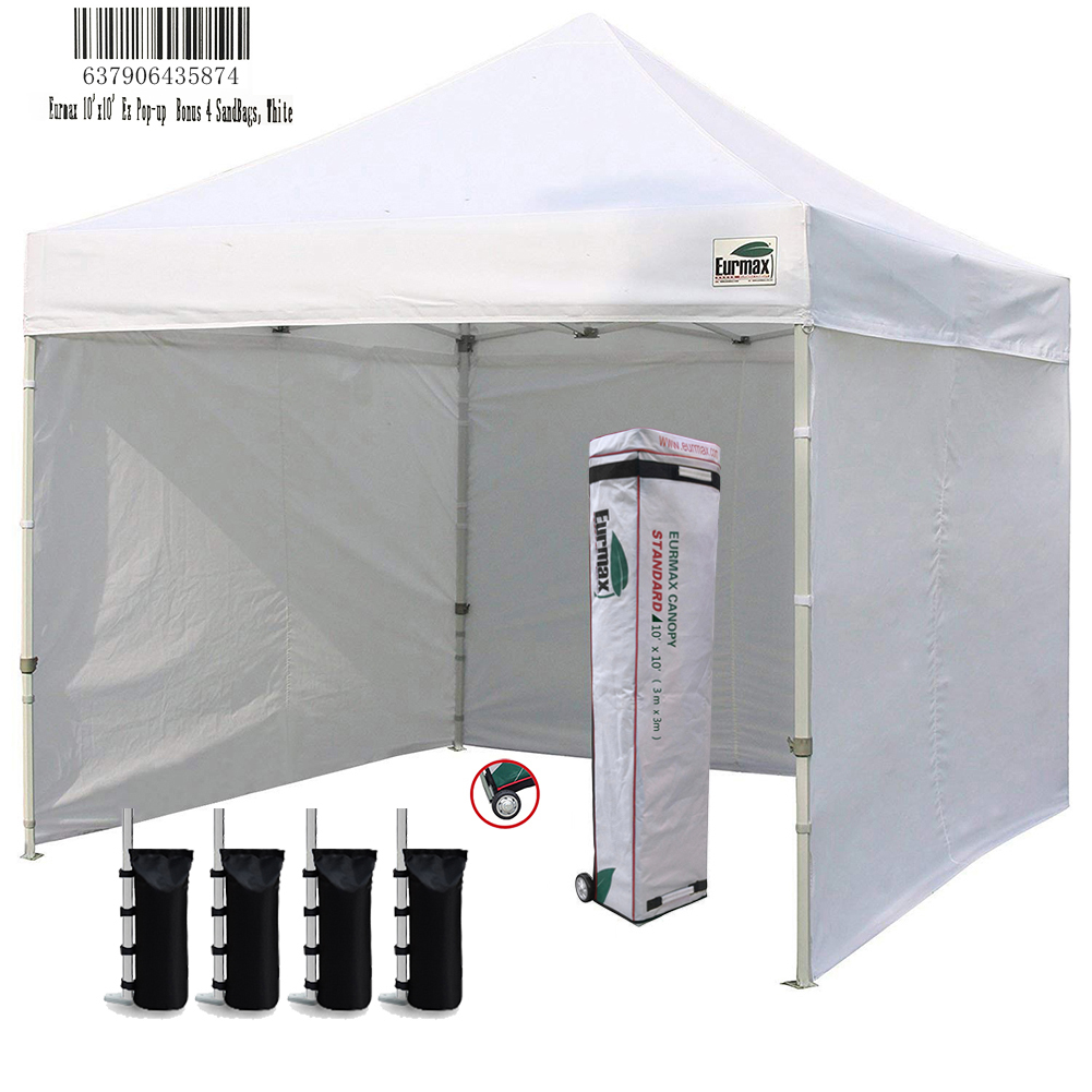 Bonus 4 SandBags 3 Cross-Bar Striped Blue Eurmax 10x10 Ez Pop-up Booth Canopy Tent Commercial Instant Canopies with 1 Full Sidewall & 3 Half Walls and Roller Bag