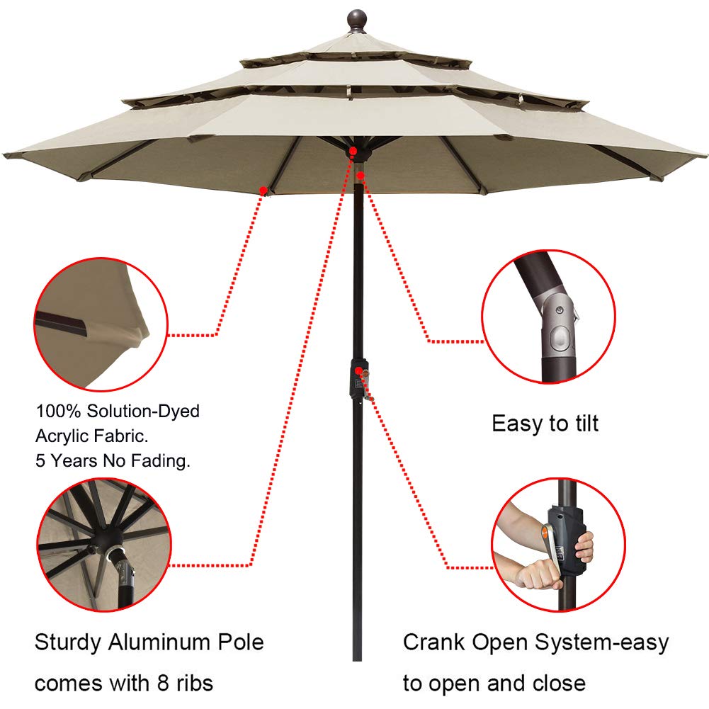 EliteShade Sunbrella 9Ft 3 Tiers Market Umbrella Patio Outdoor Table Umbrella with Ventilation Sunbrella Beige 