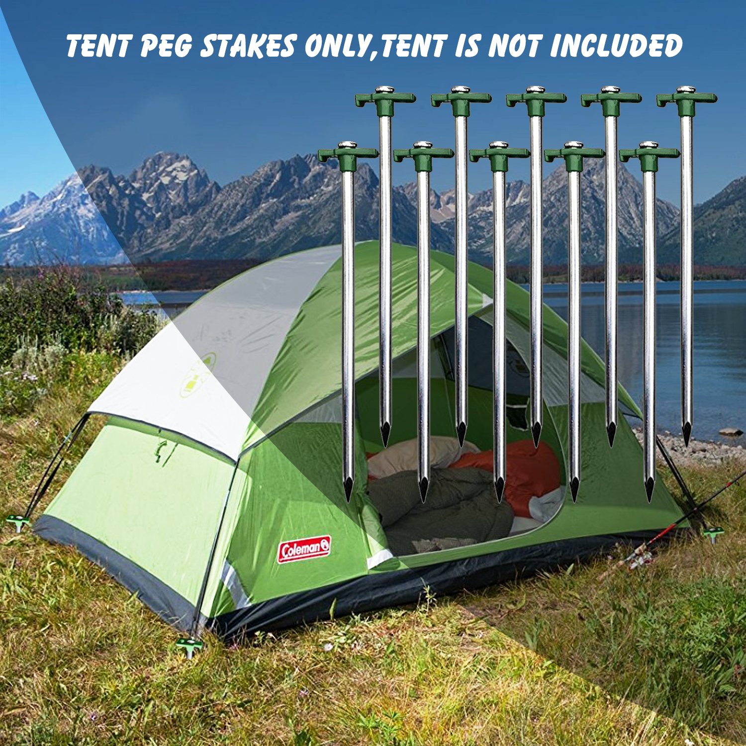 Green Eurmax 10PC Pack 12 inch Multiuse Heavy Duty Steel Tent Stakes Tarp Pegs Camping Stakes for Outdoor Camping Canopy and tarp with 4 Ropes 